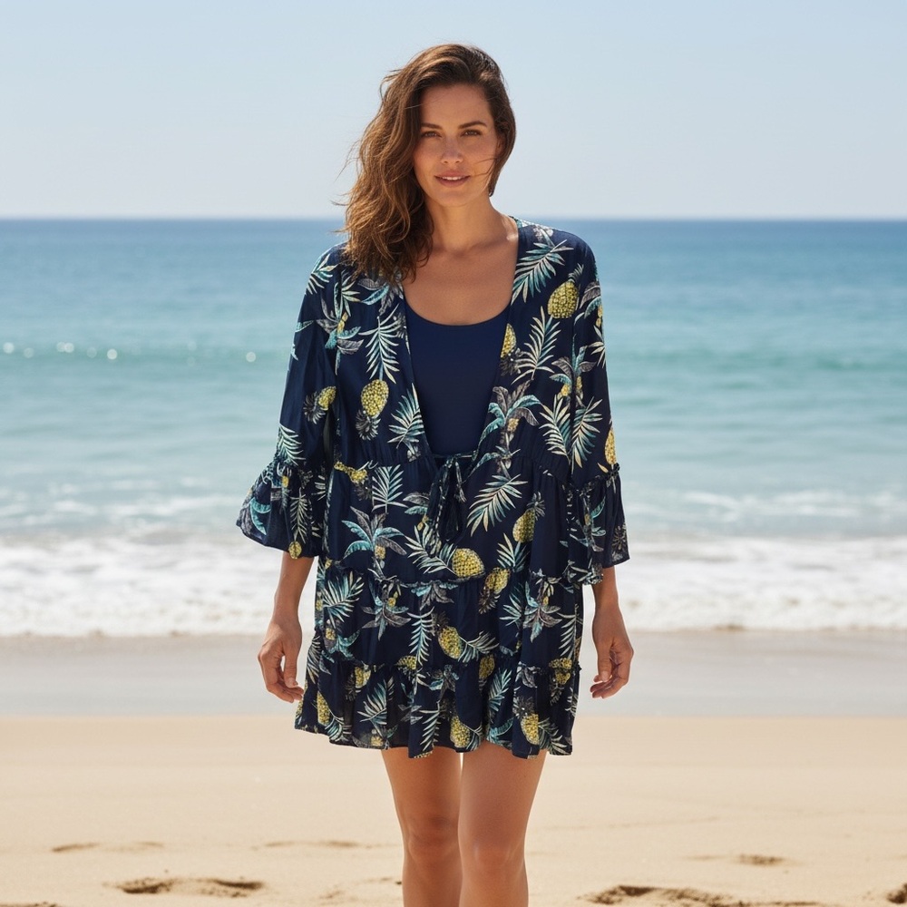 Blue Island Flounced Pineapple Print Bathing Suit Cover Size S